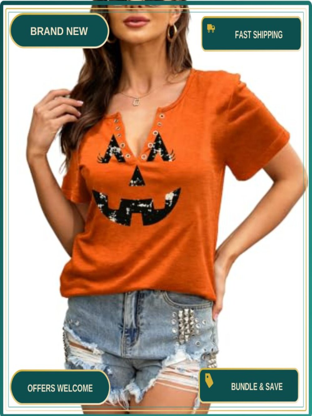 Women's Halloween Pumpkin Face V-Neck T-Shirt Funny Hocus Pocus Tee